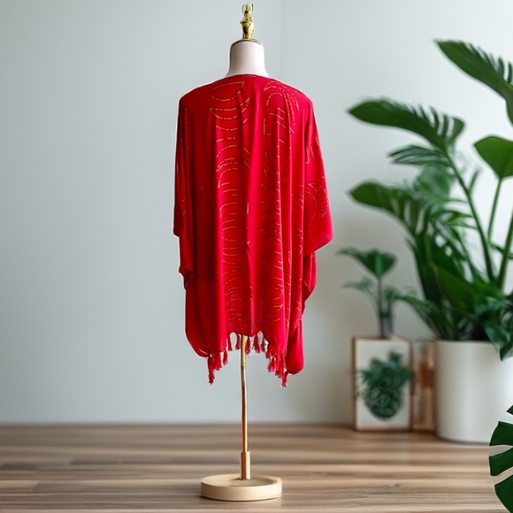0097/ Bright Red Moon Chase Pattern Poncho - Picture 8 of 10